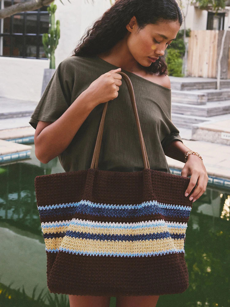 Chocolate Brown Crochet Effect Striped Shoulder Bag | Next EU