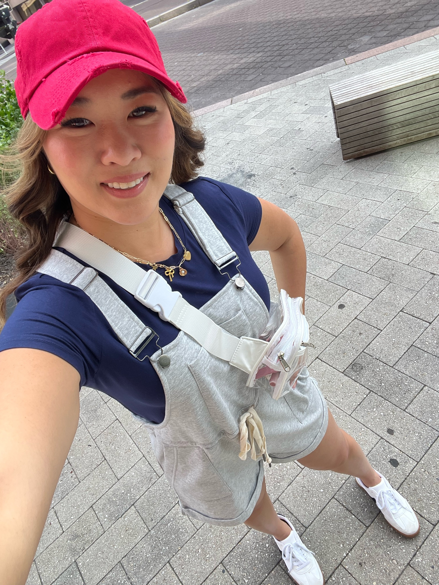 Baseball Game Outfit
Fitted Tee: Medium
Romper Overalls: Medium
Clear Stadium Belt Bag 