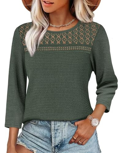 Shirts for Women 3/4 Length Sleeve Blouses Dressy Casual Going Out Boho Tops Trendy Plus Size Fall Clothes Lace Front Waffle Tunics Fashion Clothing Olive L | Amazon (US)