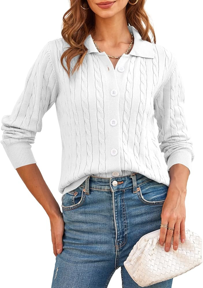 Saodimallsu Womens Cable Knit Cropped Sweaters Long Sleeve Collar Open Front Button Down Cardigan... | Amazon (US)