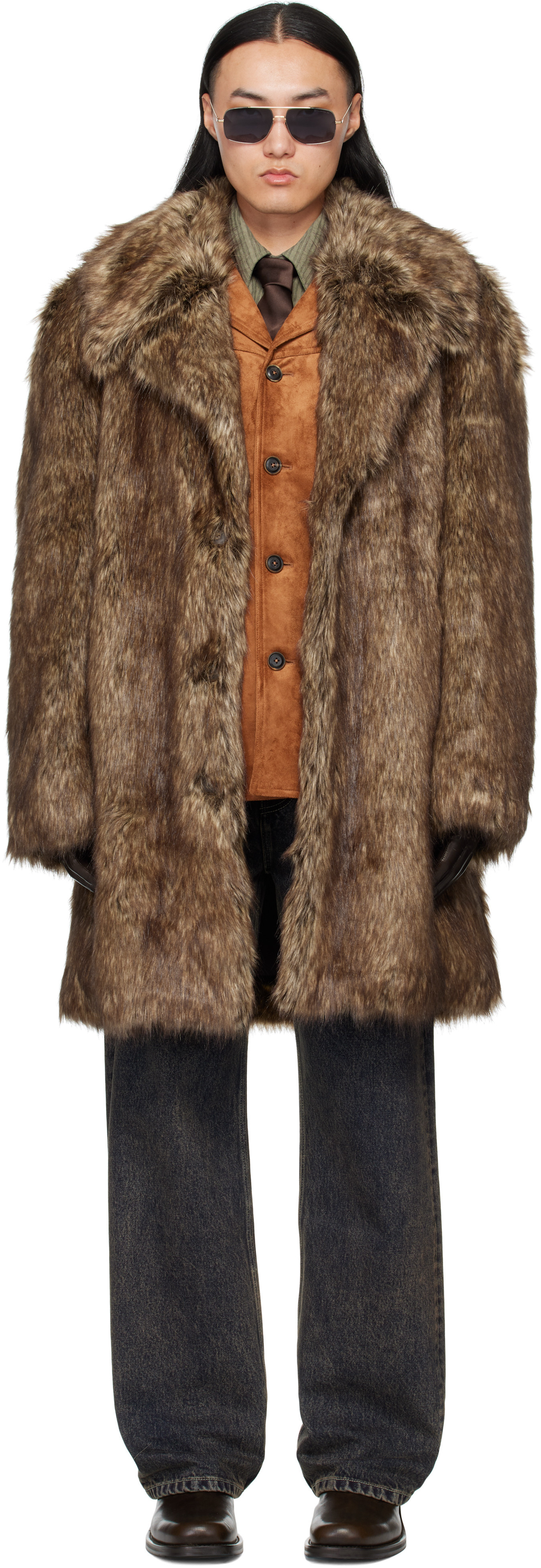 MMIC Brown Buttoned Faux-Fur Coat | SSENSE