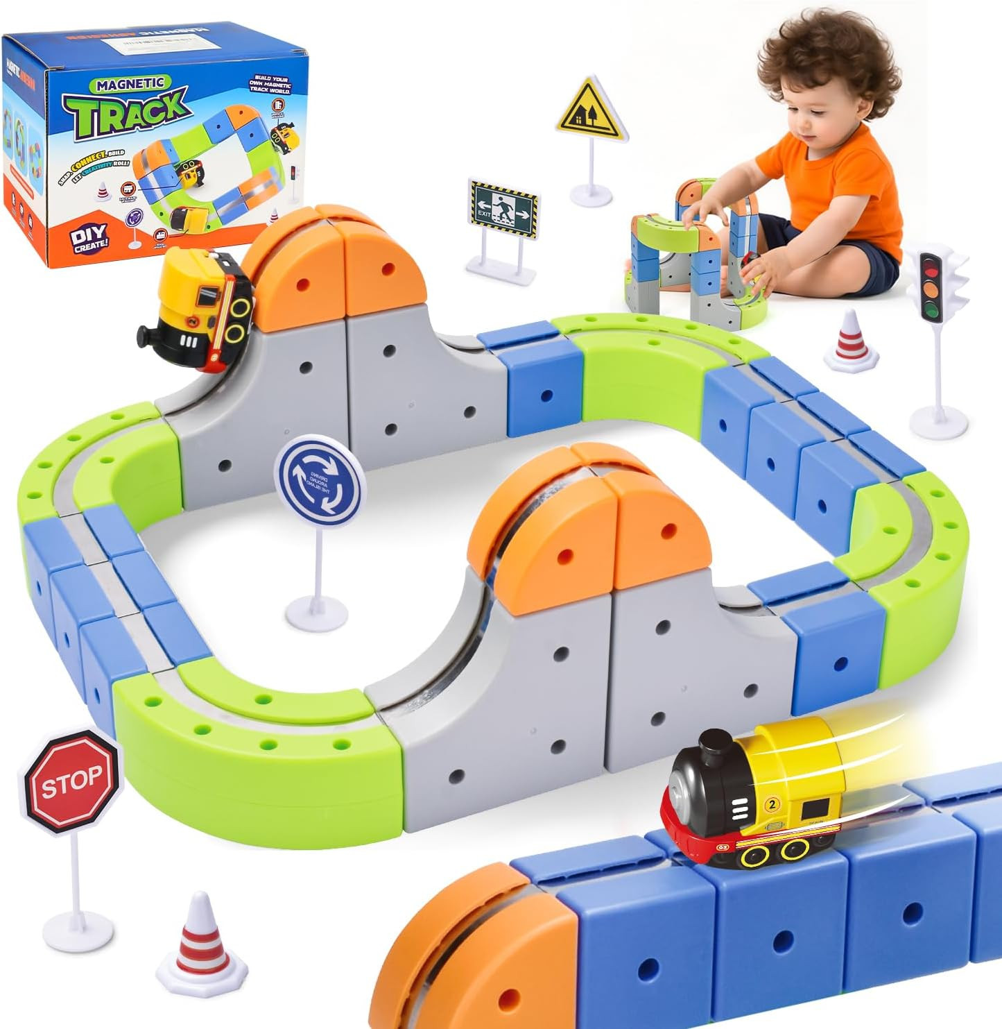 58PCS Electric Magnetic Train Track Sets – DIY Race Car Track Building Kits with Train and Traffic Signs, STEM Toy for Toddlers and Kids, Boys and Girls Ages 3-8, Birthday Party Gifts (Small) | Amazon (US)