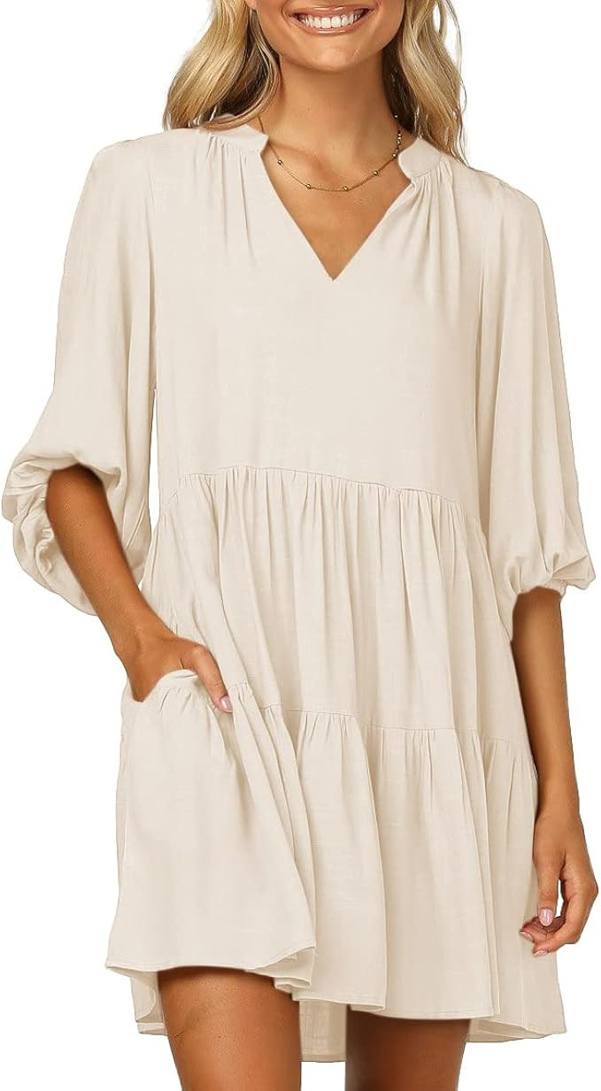 goforparis Women's 3/4 Puff Sleeves Ruffle Mini Dress V Neck Solid Pleated Babydoll Dresses with ... | Amazon (US)