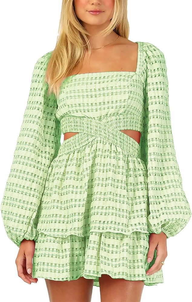 Shy Velvet 2023 Summer Dresses for Women Square Neck Crossover Waist Long Sleeve Dress Party Club... | Amazon (US)