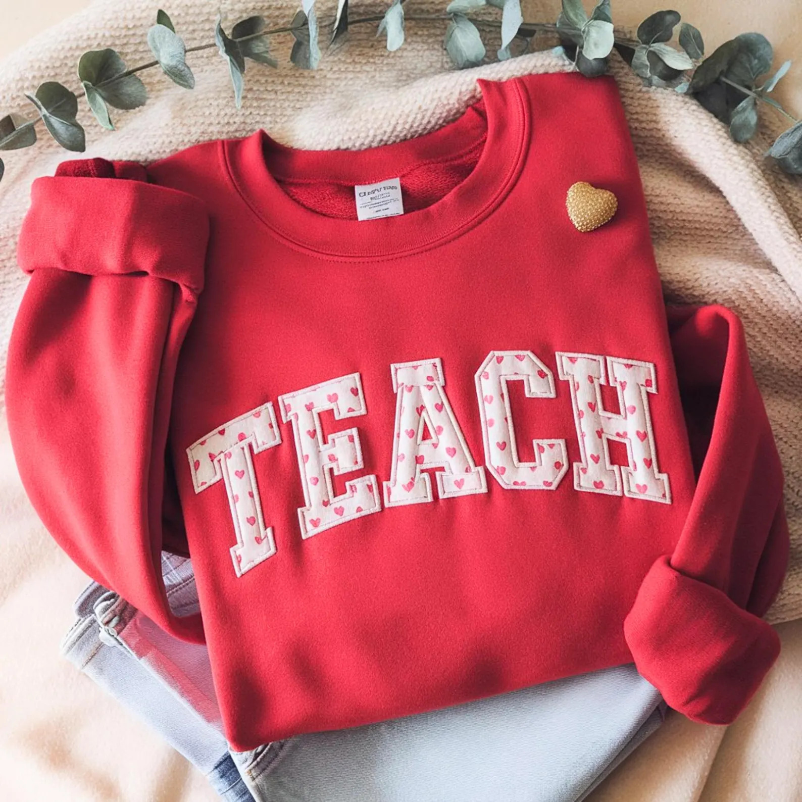 Applique Valentine Teach Embroidered Sweatshirt, Cute Hearts Embroidery Shirt, Teacher Valentines... | Etsy (US)