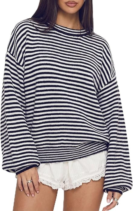 QINSEN Women's Crewneck Oversized Sweater Striped Long Sleeve Pullover Top | Amazon (US)