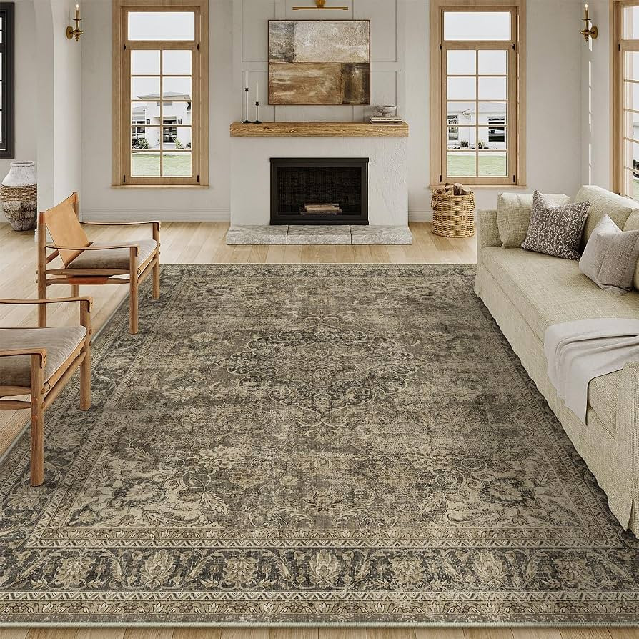 WondRg 9x12 Washable Area Rug for Living Room Bedroom Brown Vintage Carpet Low Pile Soft Thin Tap... | Amazon (CA)
