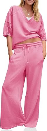 Fisoew Womens 2 Piece Outfits Casual V Neck Shirts Wide Leg Running Long Pants Loose Workout Trac... | Amazon (US)
