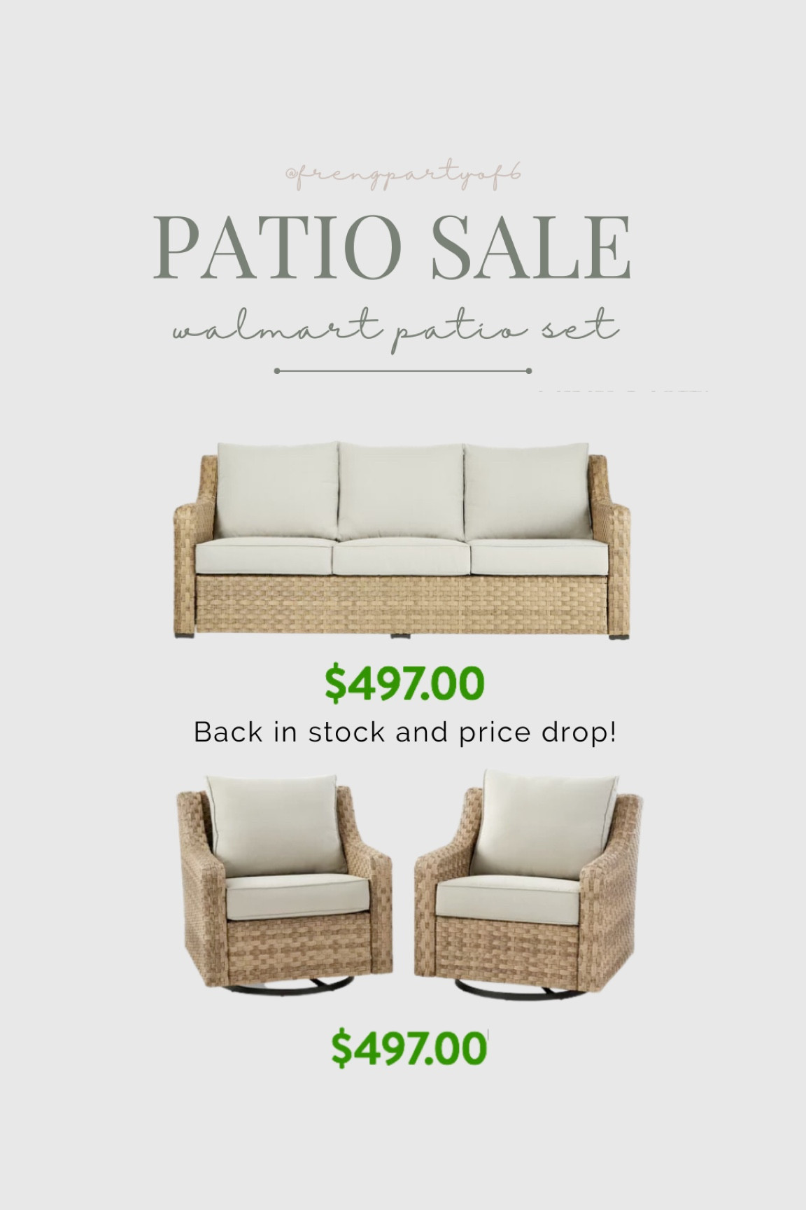 My Walmart patio set in in stock! This always sells out every summer!

Patio sofa, patio chairs, outdoor furniture 

#LTKhome #LTKsalealert #LTKSeasonal