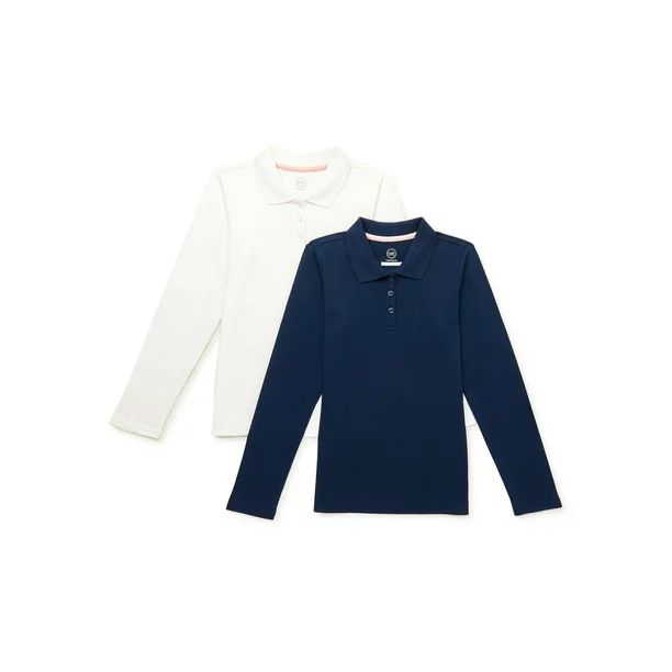 Wonder Nation Girls School Uniform Long Sleeve Interlock Polo Shirt, 2-Pack Value Bundle, Sizes 4... | Walmart (US)