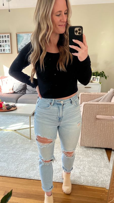Casual Outfits for Women 🌟 athleisure, buttery workout top, black workout top, ripped jeans, high waisted jeans, platform boots, nude boots, casual outfit inspo, long sleeve workout top 

#LTKstyletip