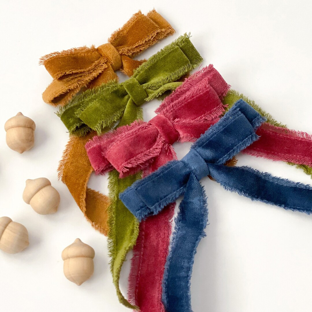 Frayed Velvet Ribbon Bow Longtail Hair Bow Big Girls Bow Bridesmaid Bows Velvet Hair Bow Mustard ... | Etsy (US)