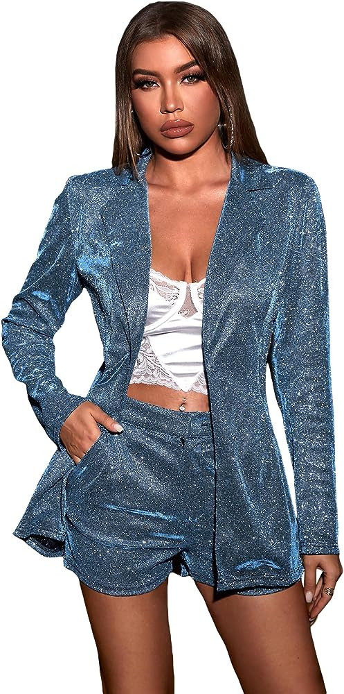 MakeMeChic Women's Glitter 2 Piece Outfits Long Sleeve Single Button Sparkly Blazer and Pockets S... | Amazon (US)