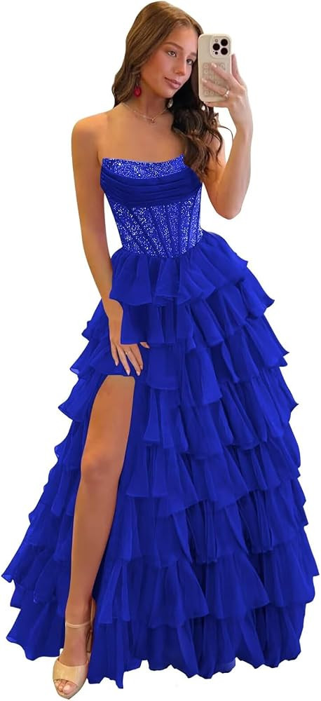 Strapless Prom Dress Tiered Ruffle Sparkly Formal Evening Party Cocktail Gown with Slit | Amazon (US)