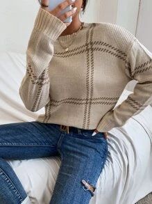 Plaid Pattern Drop Shoulder Sweater | SHEIN