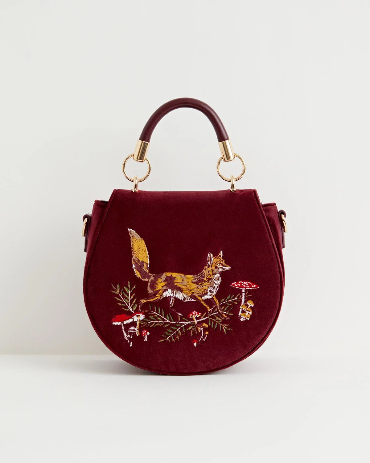 Fox & Mushroom Embroidered Saddle Bag - Redcurrant Velvet | Fable England