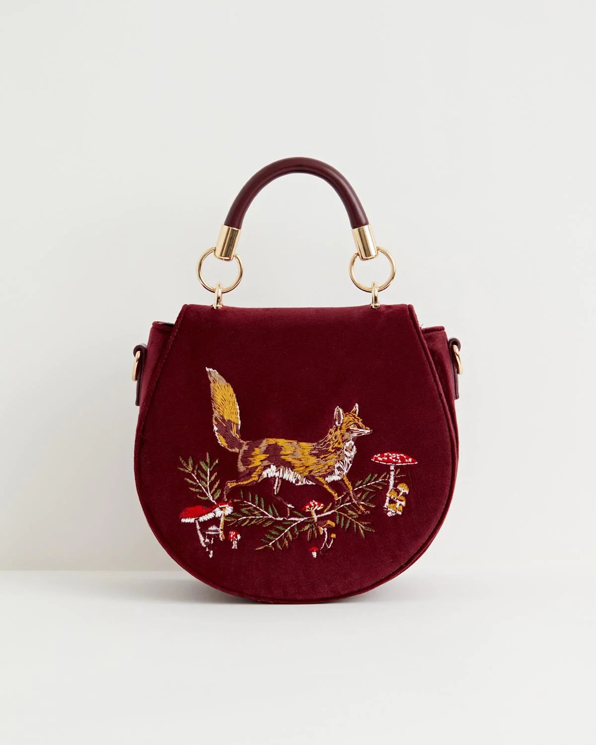 Fox & Mushroom Embroidered Saddle Bag - Redcurrant Velvet | Fable England