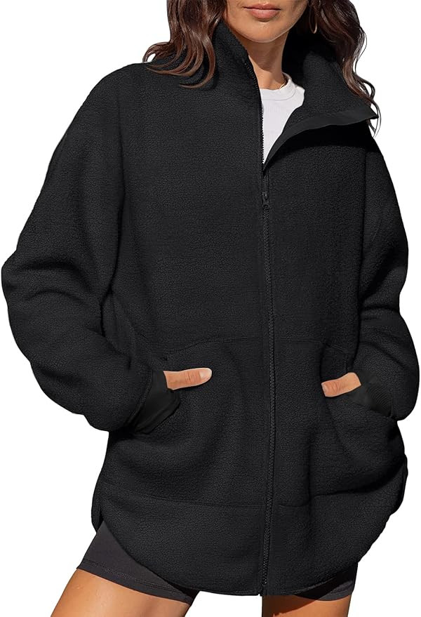LASLULU Womens Full Zip Fleece Long Jacket Sherpa Oversized Sweatshirts Stand Collar Winter Coat ... | Amazon (US)
