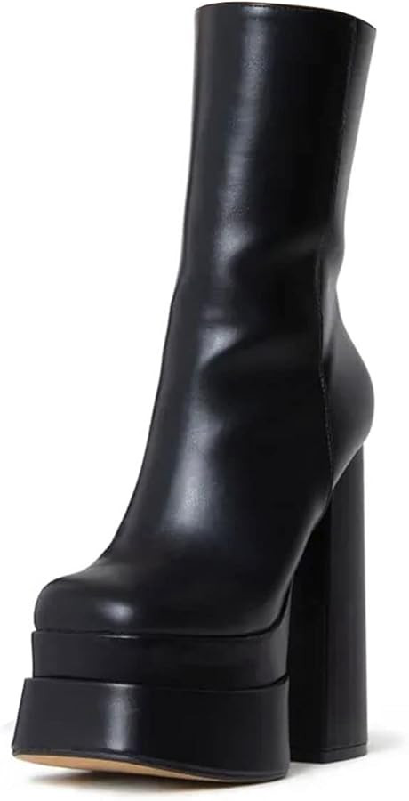 YDN Women Platform Round Toe Ankle Boots Chunky High Heel Mid Calf Booties Side Zipper Sexy Fall ... | Amazon (US)