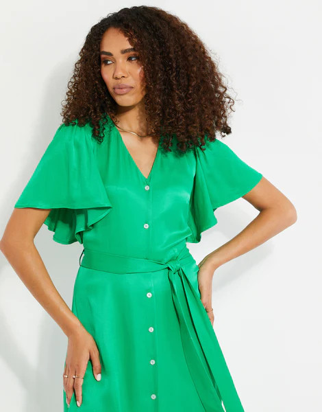 Women's Green Satin Button Down Midi Dress | Threadbare