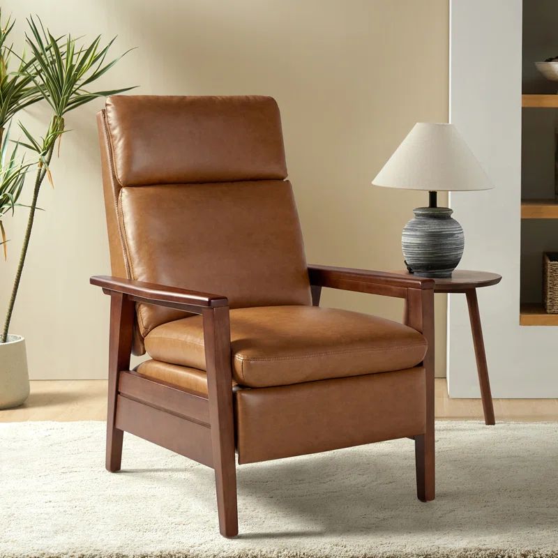 Honorato Mid-Century Modern Vegan Leather Recliner with Solid Wood Frame | Wayfair North America