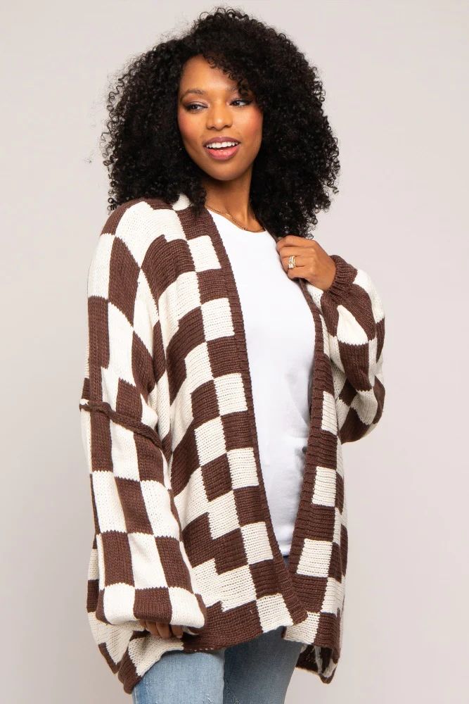 Brown Checkered Print Oversized Cardigan | PinkBlush Maternity