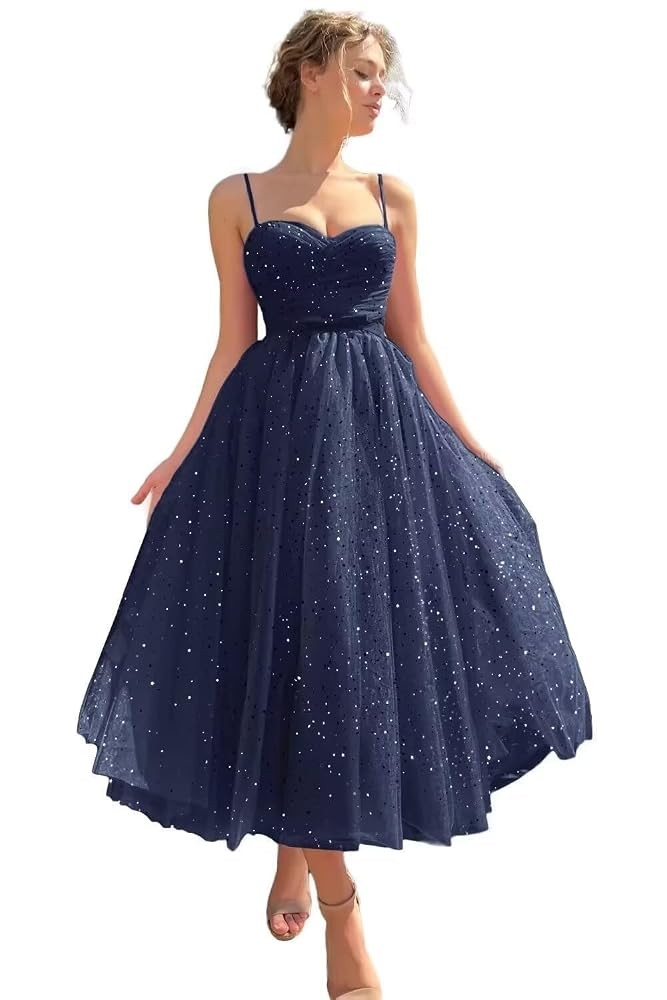 Glitter Tulle Prom Dress Tea Length for Women A Line Sparkly Formal Evening Party Spaghetti Strap... | Amazon (US)