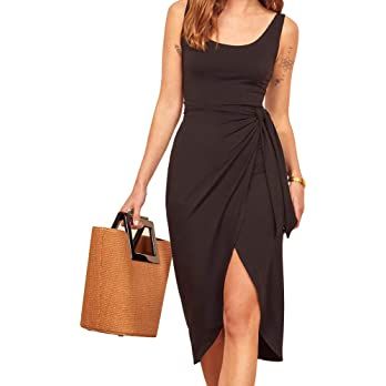 EXLURA Women's Summer Sleeveless Solid Split Front Bodycon Midi Tank Dress with Belt | Amazon (US)