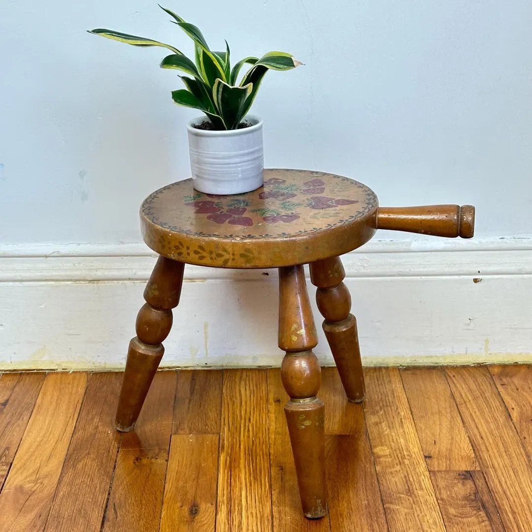 Vintage Signed Folk Art Milking Stool: Hand Painted Strawberries - Etsy | Etsy (US)