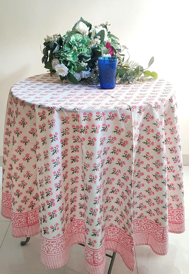 ATOSII Gulbahar White Pink 100% Cotton Spring Summer Round Tablecloth, Block Print Table Cloth fo... | Amazon (US)