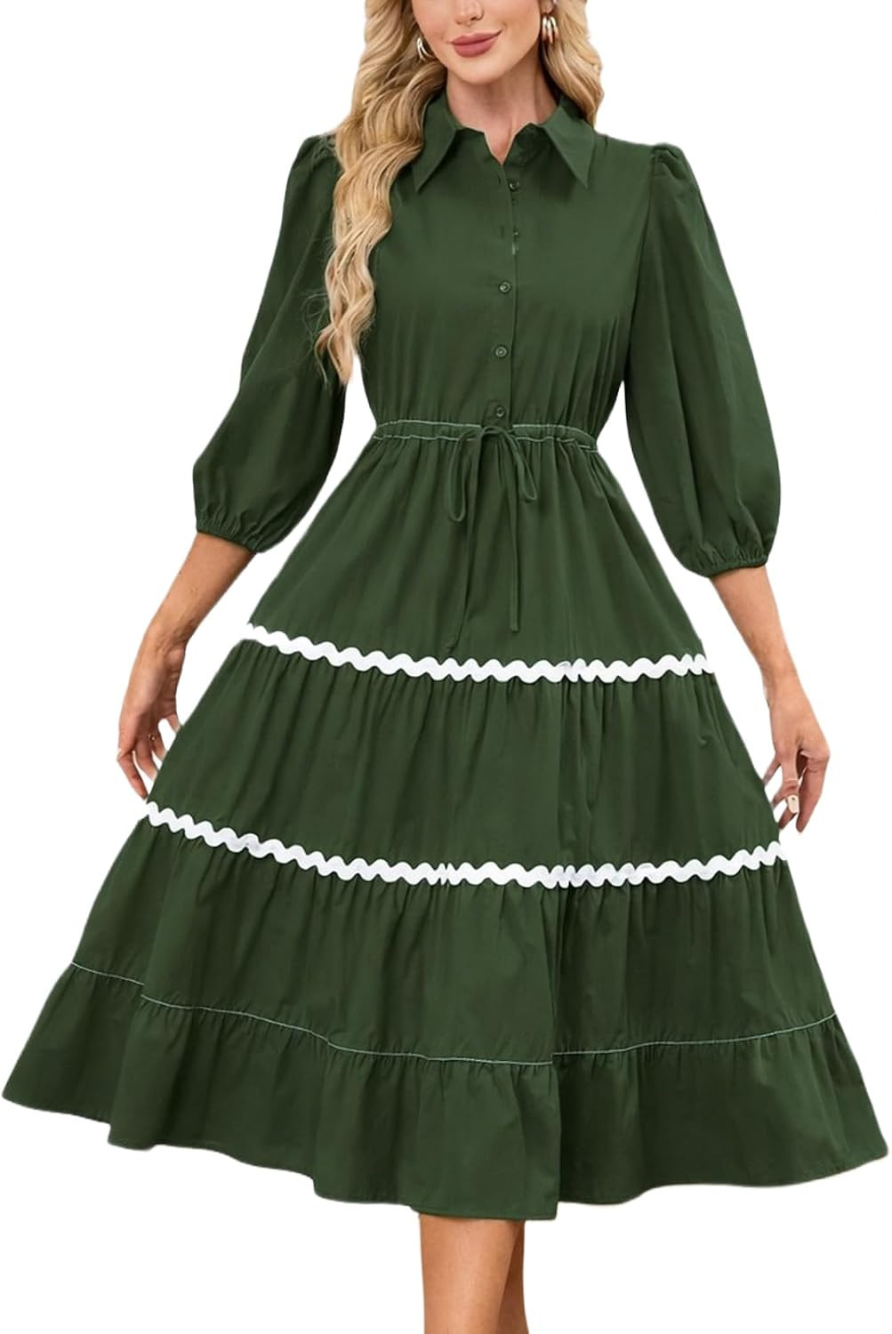 Women's Button Down Maxi Shirt Dress 3/4 Puff Sleeve Drawstring Waist Tiered Flowy Collared RIC Rac Long Dresses with Pockets | Amazon (US)