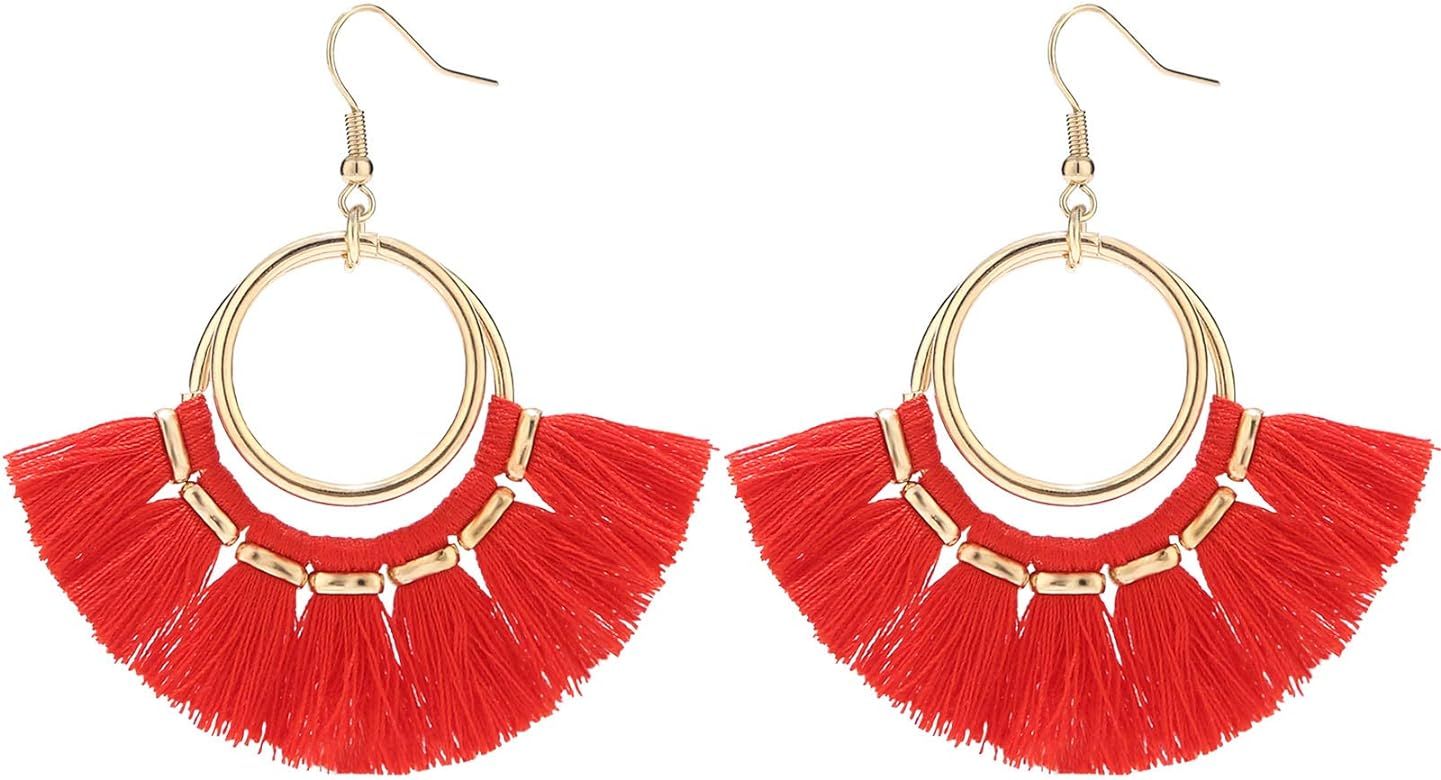 BaubleStar Tassel Hoop Earrings Fringe Drop Gold Tone Circle Tiered Earrings for Women Girls | Amazon (US)