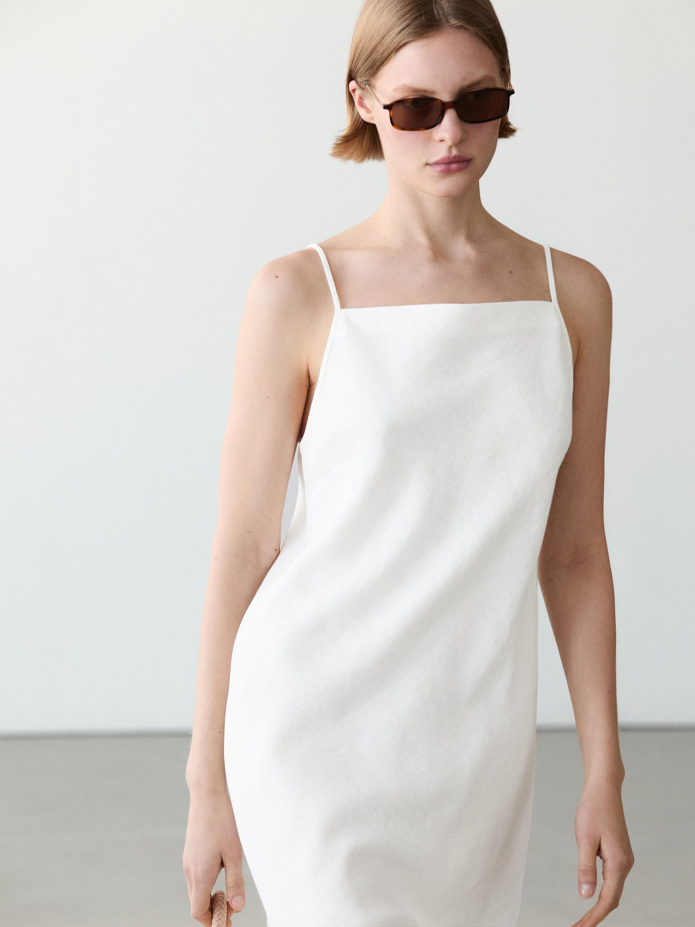 100% linen midi dress with straight neckline | Massimo Dutti US