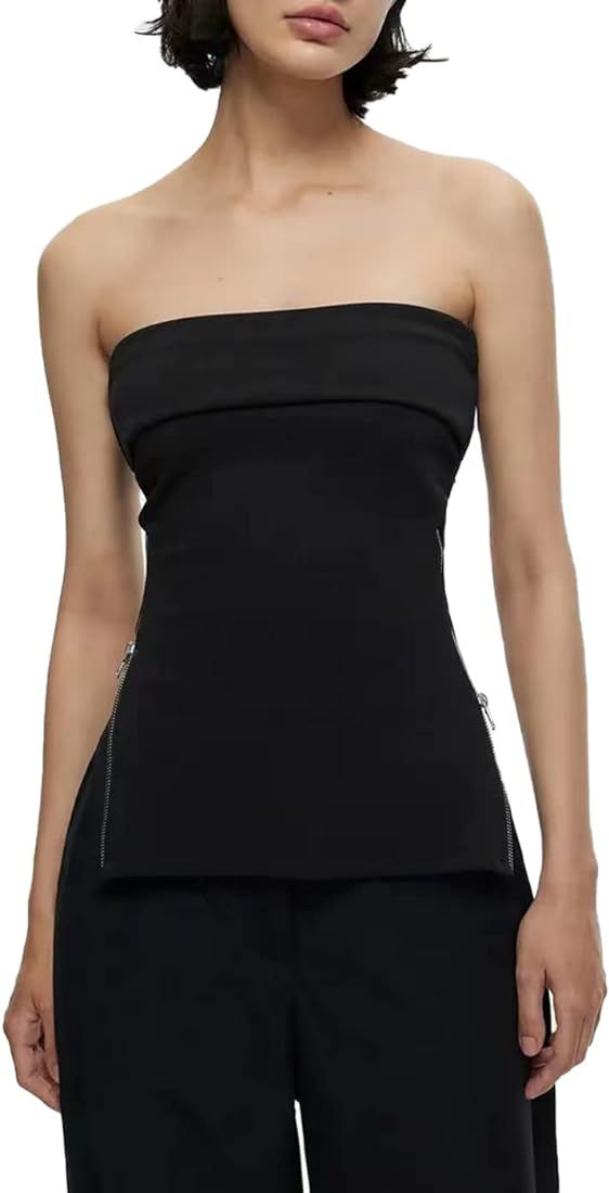 KMYLINKER Women's Strapless Side Zipper Slit Knit Tube Top Sexy Off Shoulder Slim Sleeveless Y2K ... | Amazon (US)