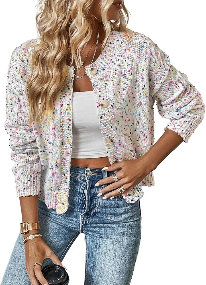 SELINK Women's Cardigan Sweater Elegant Rhinestone Decor Multicolor Confetti Sweater Cardigan Sol... | Amazon (US)
