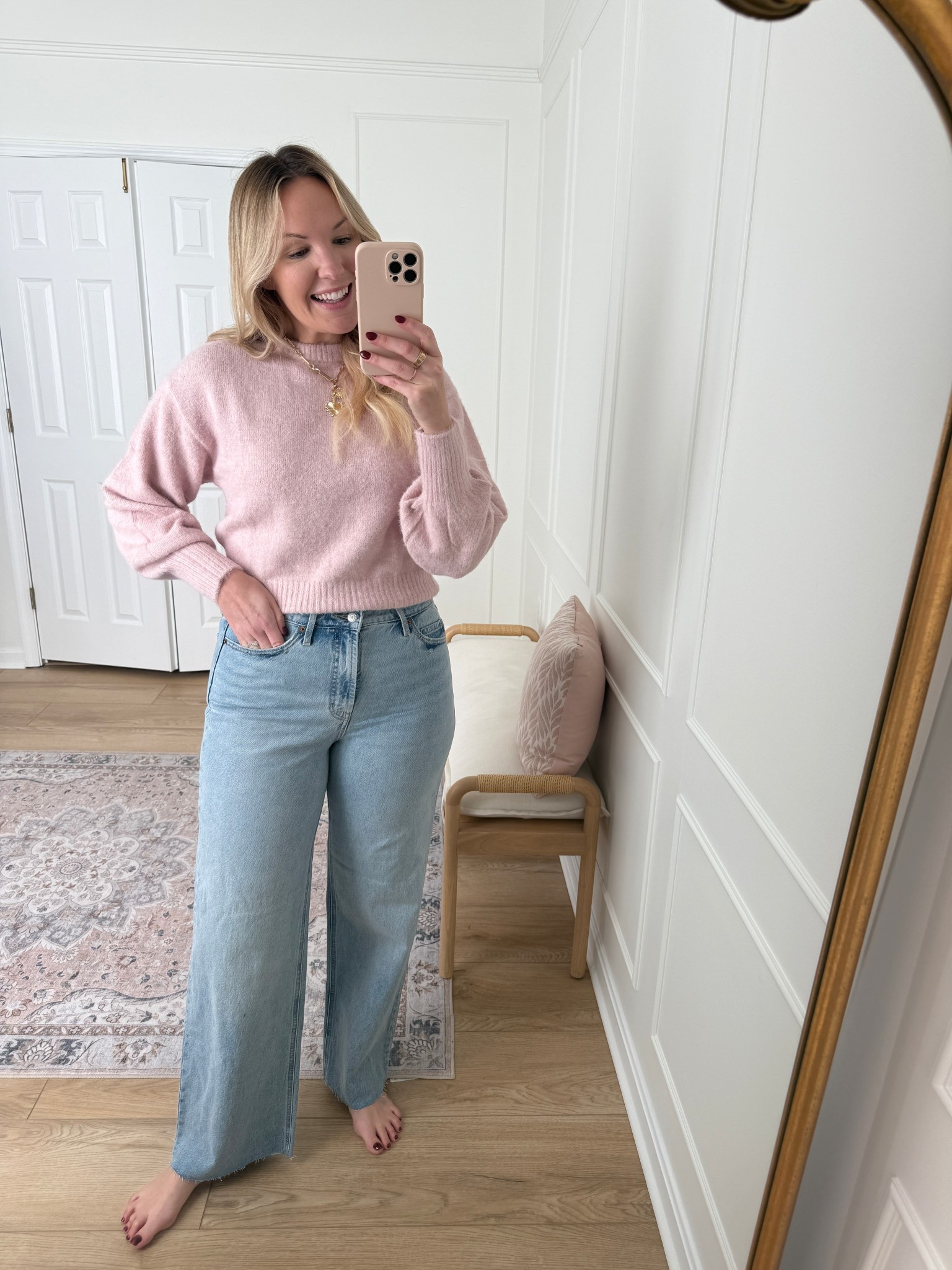 Wide leg high waisted jeans and cropped pink sweater from old navy! Wearing a 10 in jeans and med top - casual winter outfit 

#LTKSeasonal #LTKmomlife #LTKFindsUnder50