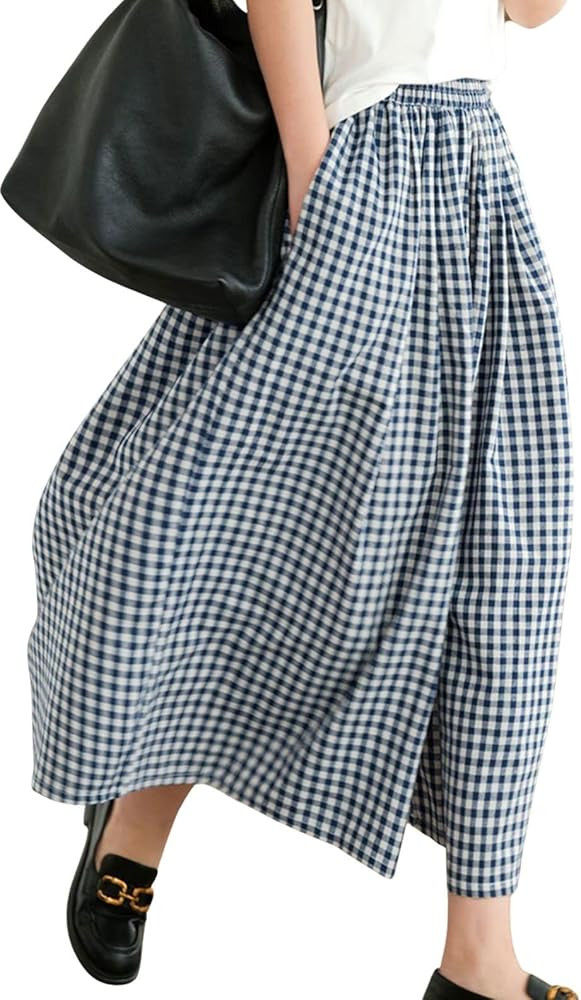 chouyatou Women's Cotton Linen Pants Elastic Waist Plaid Gingham Wide Leg Capri Palazzo Pants | Amazon (US)