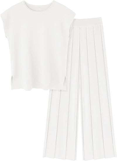 Beautife Womens Plus Size Lounge Sets Knit 2 Piece Outfits Cap Sleeve Tops and Wide Leg Pants Vac... | Amazon (US)