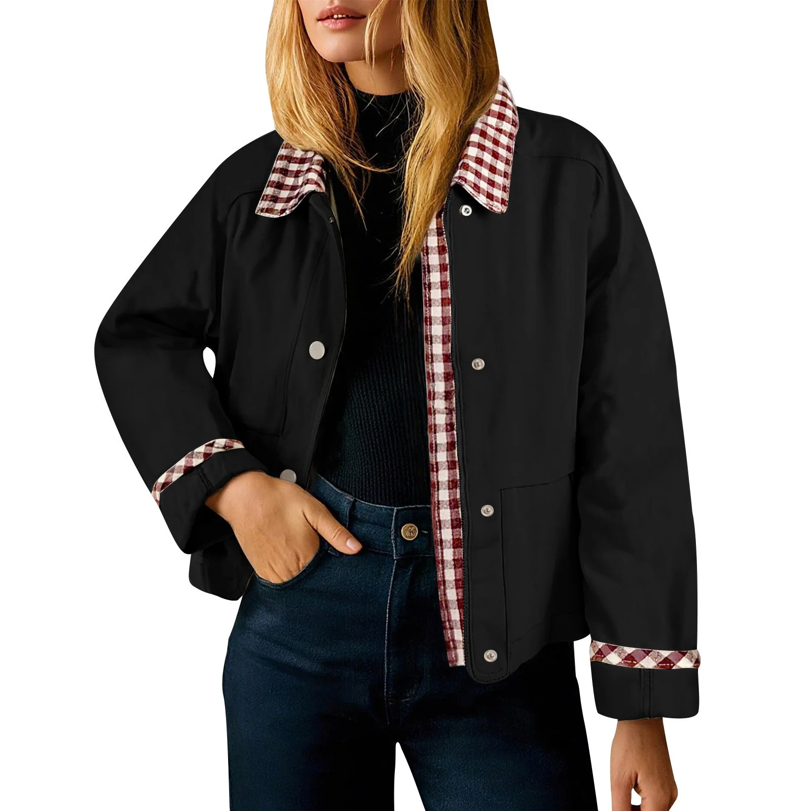 Womens Cropped Jacket Lightweight Casual Zip Up Barn Jackets Fall Contrast Plaid Outerwear Coat | Walmart (US)
