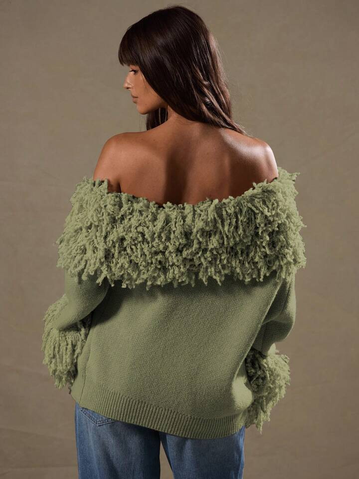 MUSERA Textured Shaggy Knit Off The Shoulder Jumper Festival Asymmetrical Shoulder Tops Fall Autu... | SHEIN