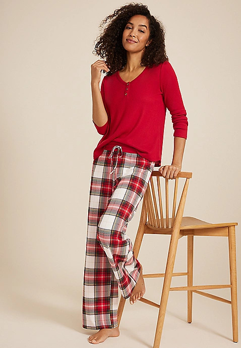 Henley Long Sleeve Tee And Wide Leg Pajama Set | Maurices