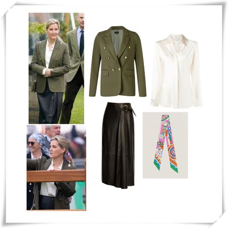Duchess Sophie Wessex May 2024 in me+em khaki blazer past season, Vince silk long sleeve shirt, Vince wavy leather buckle skirt and Hermes Les Murmures de la Foret Twilly silk scarf 