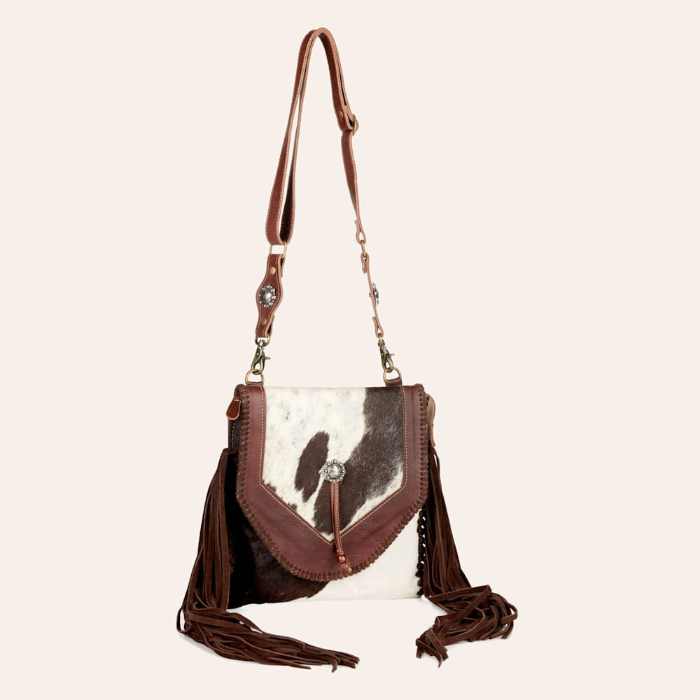 Myra Bag Tierra Mountain Chocolate & Cream Hair on Hide Fringed Crossbody Bag | Cavender's