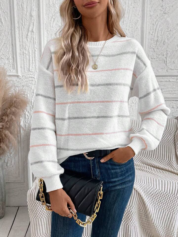 SHEIN LUNE Women Round Neck Cuff Tight Contrast Stripe Casual Pullover Sweater, Autumn/Winter,Lon... | SHEIN