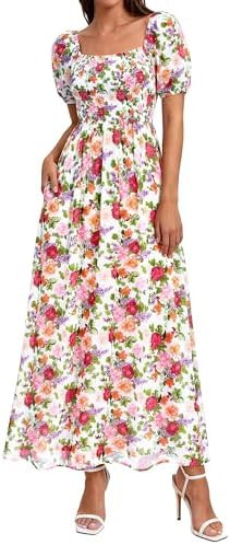 BTFBM Spring Summer Dresses for Women 2026 Puff Short Sleeve Smocked Floral Print Boho Beach Wedd... | Amazon (US)