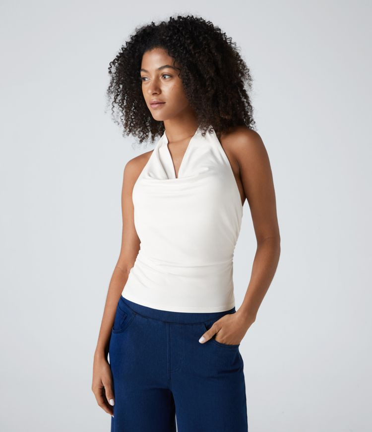 Women’s Halter Cowl Neck Backless Ruched Casual Tank Top - Halara | HALARA