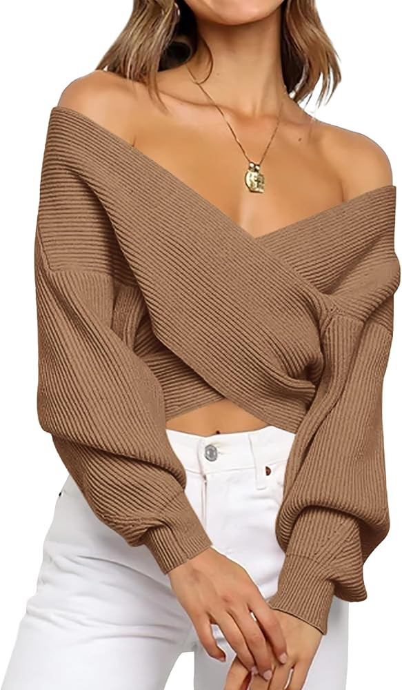 BTFBM Off The Shoulder Sweater for Women Winter Fall Fashion 2026 V Neck Long Sleeve Ribbed Knit ... | Amazon (US)