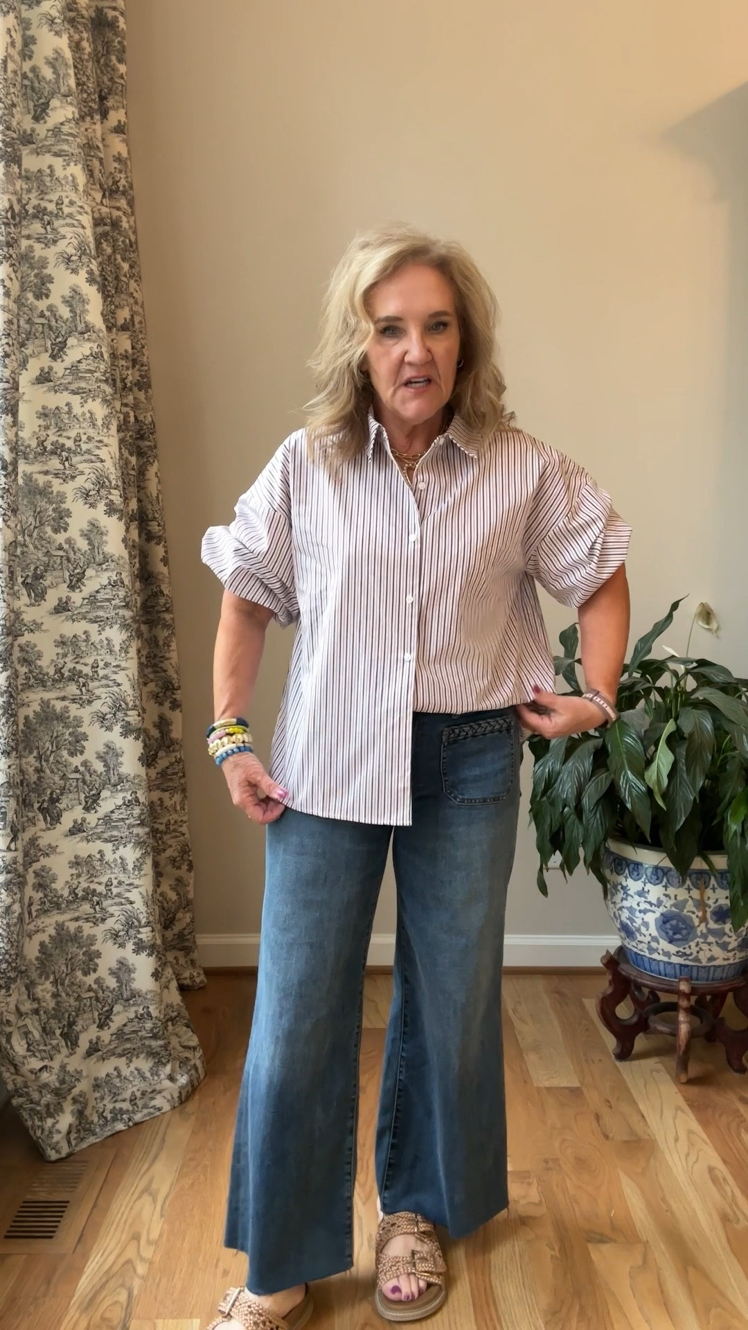 Blouse size medium. You could size down. I like the oversized fit. 
Jeans size down they’re generous and very soft 
15% off code NANETTE15 at AVARA 

#LTKWatchNow #LTKFindsUnder100 #LTKOver40