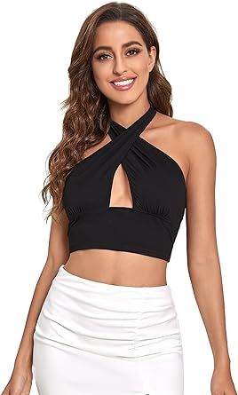 Verdusa Women's Sexy Criss Cross Tie Backless Cut Out Front Halter Crop Tops | Amazon (US)