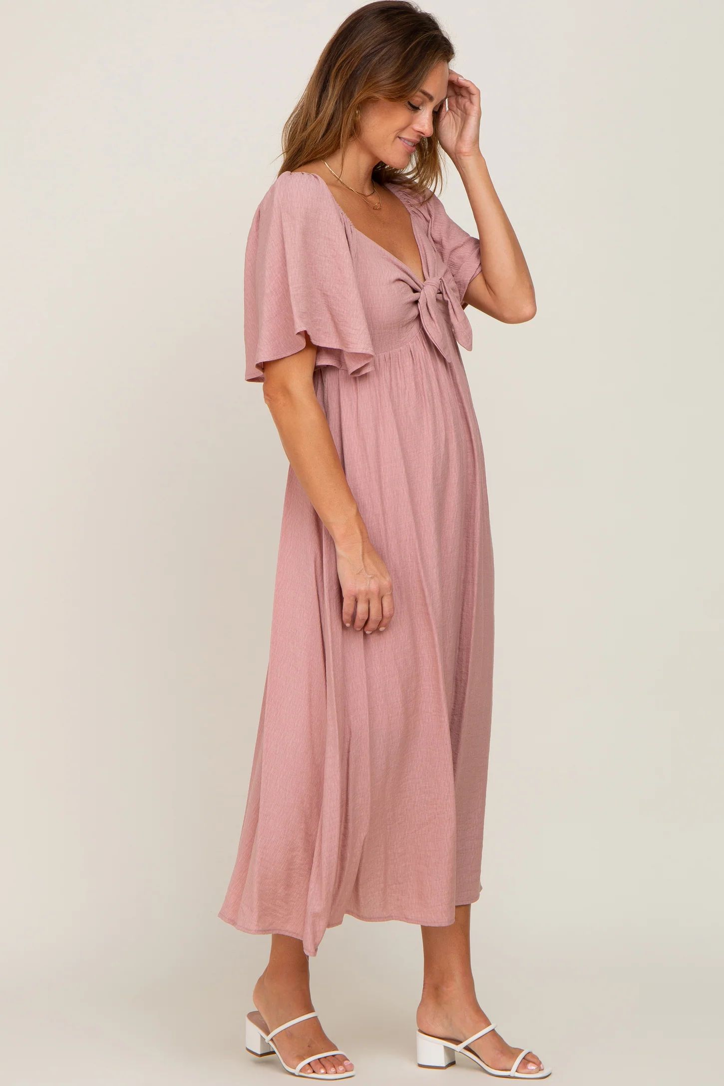 Mauve Front Tie Ruffle Sleeve Midi Dress | PinkBlush Maternity
